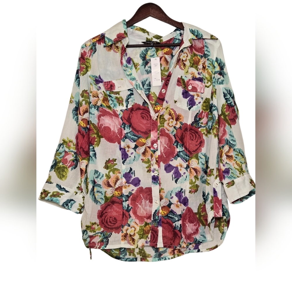 Chaudry Floral Button-Front Women's Blouse in Rose Multi Sz LG NWT